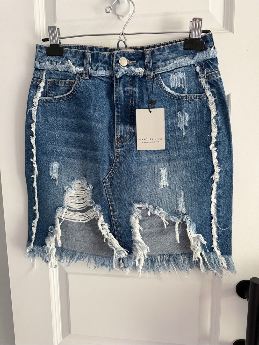 Distressed Blue Denim Mini Skirt